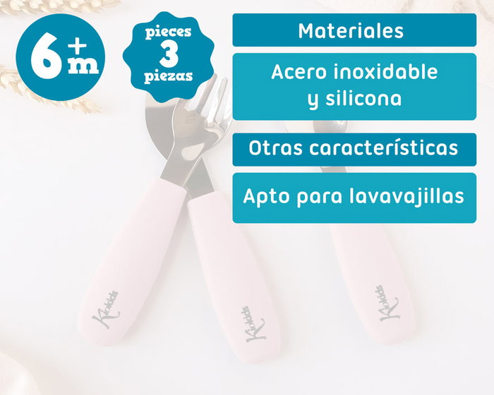 KioKids Set de Cubiertos Infantil/Junior Petits Moments - Acero Inoxidable 304 y Silicona Alimentaria, Seguro, Lavavajillas, Color Rosa, +6 Meses