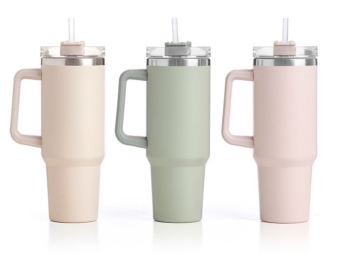 Kinvara Vaso Termico 1200 ml con Asa y Pajita, Colores Claros Surtidos, 15x32x10 cm (Set de 12)