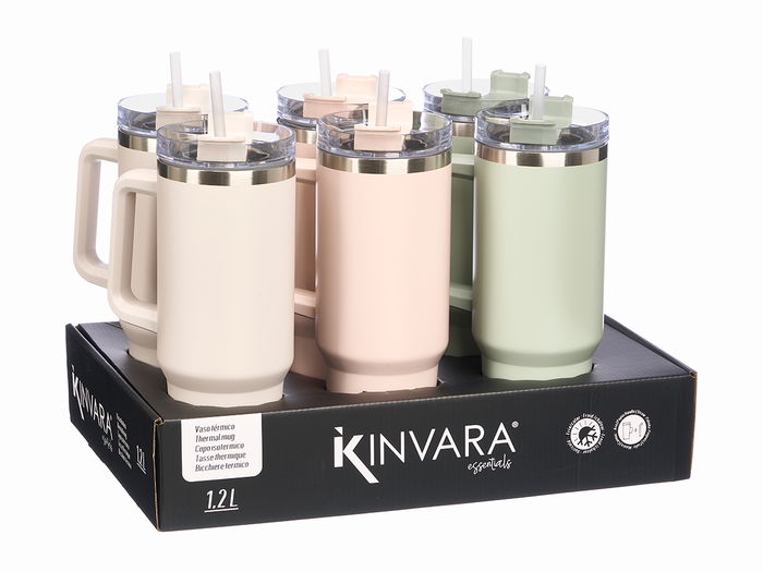 Kinvara Vaso Termico 1200 ml con Asa y Pajita, Colores Claros Surtidos, 15x32x10 cm (Set de 12)