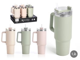 Kinvara Vaso Termico 1200 ml con Asa y Pajita, Colores Claros Surtidos, 15x32x10 cm (Set de 12)