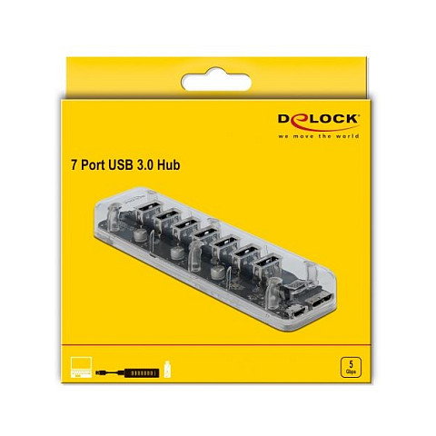 DeLOCK Concentrador USB 3.0 (USB 3.2 Gen 1) Externo 7 Puertos Transparente, Interfaz Micro-B y Type-A, Velocidad 5000 Mbit/s, 35 x 135 mm
