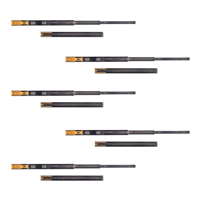 Emuca Lote de 5 juegos de guías para cajones, de bolas, altura 45mm, profundidad 550mm, extracción total, cierre suave, Negro Emuca Lote de 5 juegos de guías para cajones, de bolas, altura 45mm, profundidad 550mm, extracción total, cierre suave, Negro