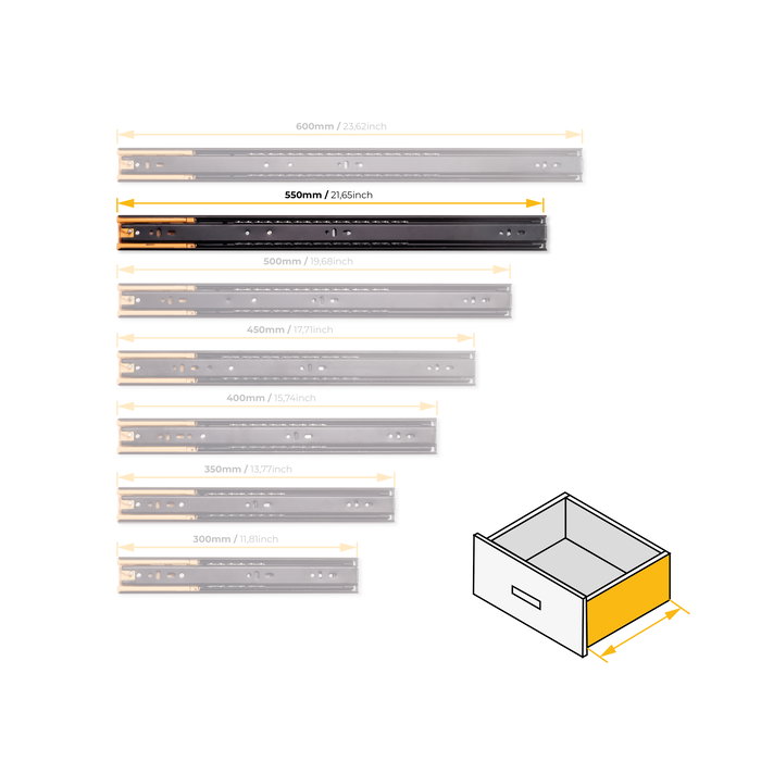 Emuca Lote de 5 juegos de guías para cajones, de bolas, altura 45mm, profundidad 550mm, extracción total, cierre suave, Negro