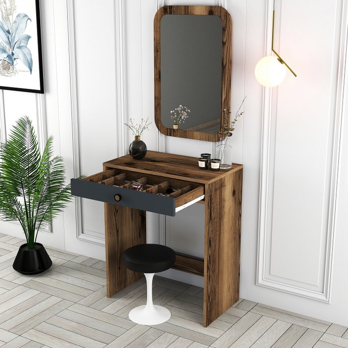Hanah Home Lizbon Mirror - Tocador con Espejo, Nogal y Antracita, 70cm Ancho x 84.7cm Profundidad x 40cm Alto