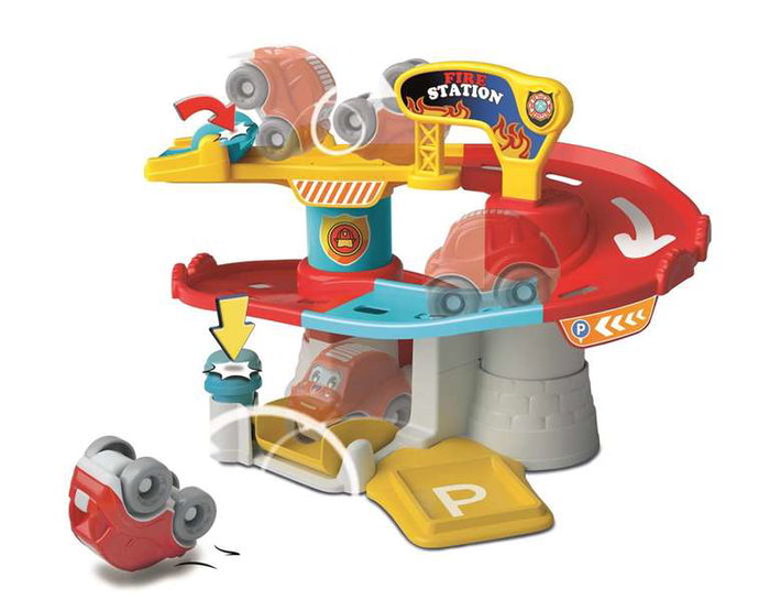 Clementoni Garaje Coches Giratorios 17559 Estación de Bomberos con Pista para Lanzar Coches y Piruetas para Niños +18 Meses