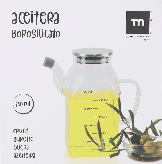La Mediterranea Aceitera Cuadrada de Borosilicato con Tapa de Metal 750ml
