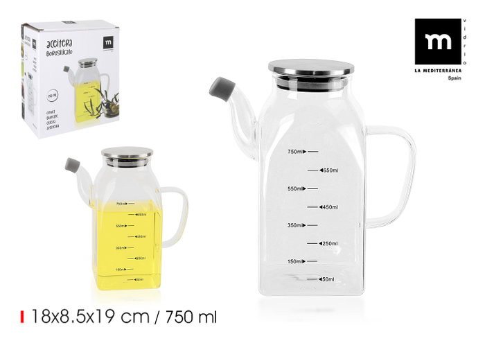 La Mediterranea Aceitera Cuadrada de Borosilicato con Tapa de Metal 750ml La Mediterranea Aceitera Cuadrada de Borosilicato con Tapa de Metal 750ml