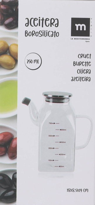 La Mediterranea Aceitera Cuadrada de Borosilicato con Tapa de Metal 750ml