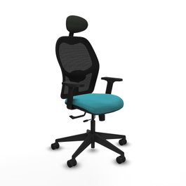 Silla de oficina Alocén con mecanismo Sincro/Traslack tapizada con Tela color Turquesa y malla color Negro. Equipada con lumbar 1D, Brazos 2D, Cabecero Fijo y Ruedas 65mm nailon