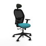 Silla de oficina Alocén con mecanismo Sincro/Traslack tapizada con Tela color Turquesa y malla color Negro. Equipada con lumbar 1D, Brazos 2D, Cabecero Fijo y Ruedas 65mm nailon