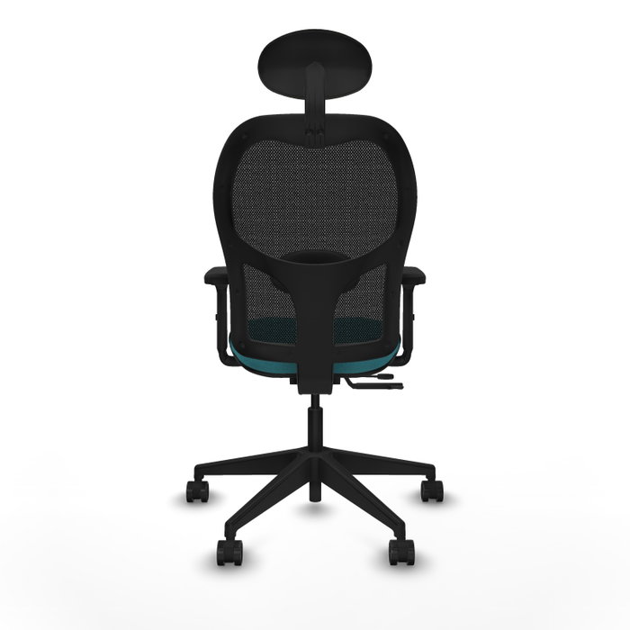 Silla de oficina Alocén con mecanismo Sincro/Traslack tapizada con Tela color Turquesa y malla color Negro. Equipada con lumbar 1D, Brazos 2D, Cabecero Fijo y Ruedas 65mm nailon