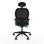 Silla de oficina Alocén con mecanismo Sincro/Traslack tapizada con Tela color Turquesa y malla color Negro. Equipada con lumbar 1D, Brazos 2D, Cabecero Fijo y Ruedas 65mm nailon