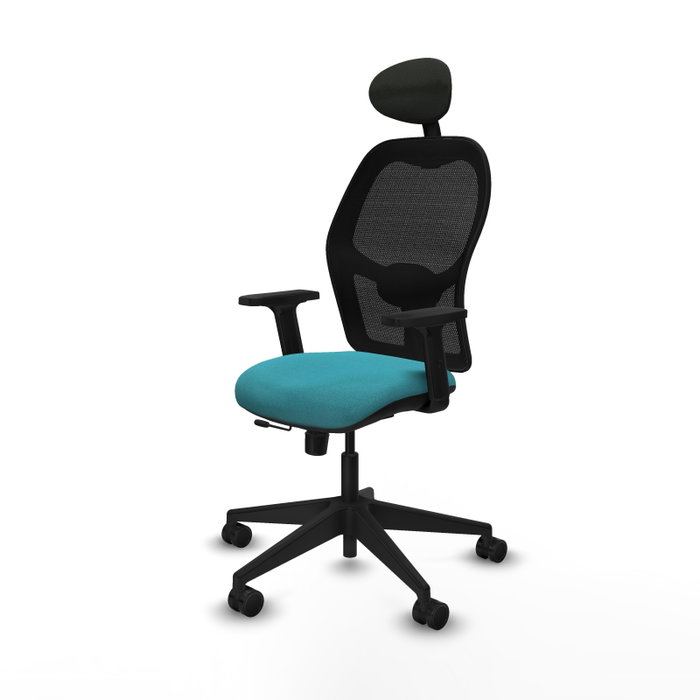 Silla de oficina Alocén con mecanismo Sincro/Traslack tapizada con Tela color Turquesa y malla color Negro. Equipada con lumbar 1D, Brazos 2D, Cabecero Fijo y Ruedas 65mm nailon