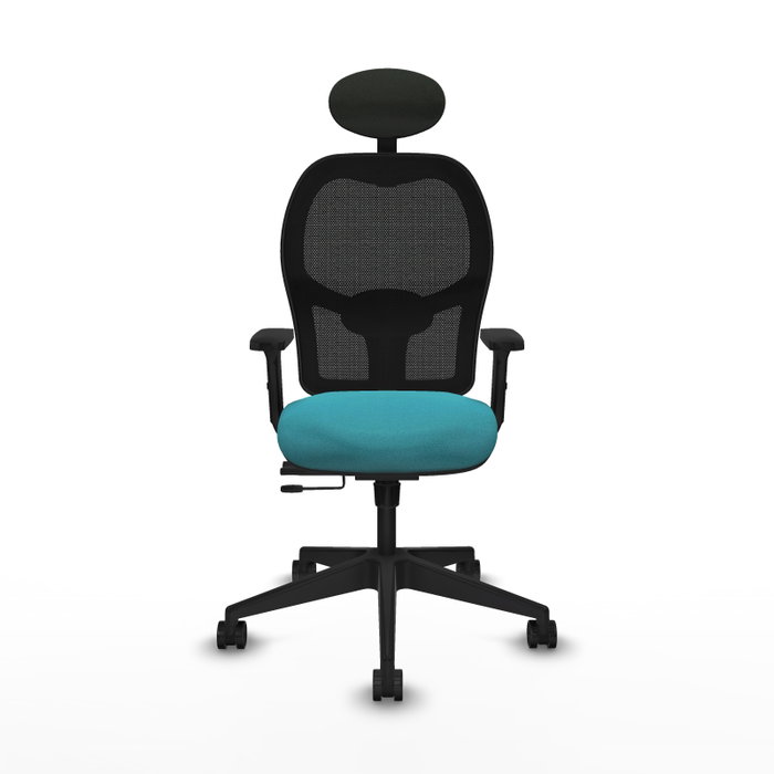 Silla de oficina Alocén con mecanismo Sincro/Traslack tapizada con Tela color Turquesa y malla color Negro. Equipada con lumbar 1D, Brazos 2D, Cabecero Fijo y Ruedas 65mm nailon