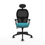 Silla de oficina Alocén con mecanismo Sincro/Traslack tapizada con Tela color Turquesa y malla color Negro. Equipada con lumbar 1D, Brazos 2D, Cabecero Fijo y Ruedas 65mm nailon