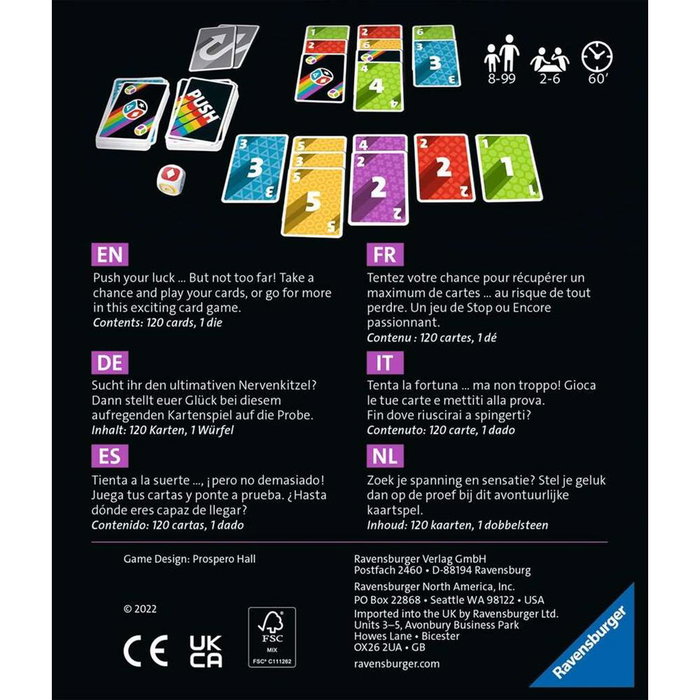 Ravensburger Push - Juego de Cartas de Estrategia Familiar, Nº Artículo 26828, Para 2 a 6 Jugadores (+8 años), Partidas Rápidas de 20 minutos, Formato Compacto