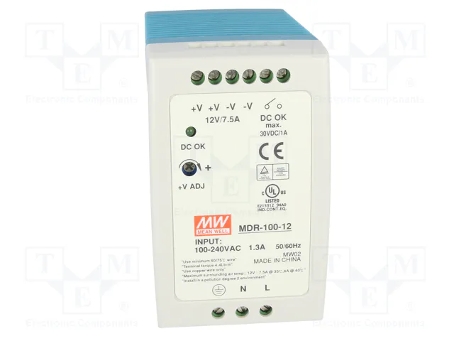 MEAN WELL MDR-100-12 Alimentador de impulso para carril DIN 90W 12VDC 7,5A MEAN WELL MDR-100-12 Alimentador de impulso para carril DIN 90W 12VDC 7,5A