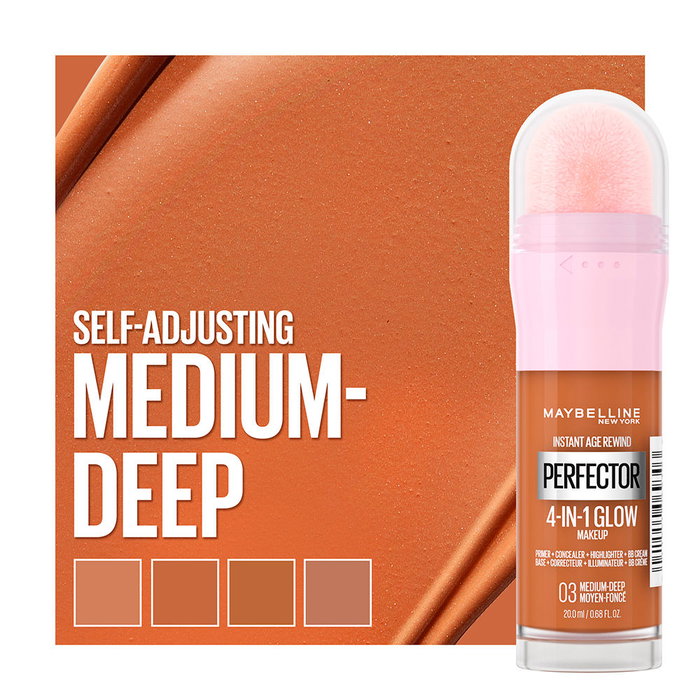Maybelline Instant Perfector Glow Multiusos #03 Medium-Deep - Base Corrector Maquillaje 4 en 1, Ilumina y Unifica, Acabado Glowy, 20 ml