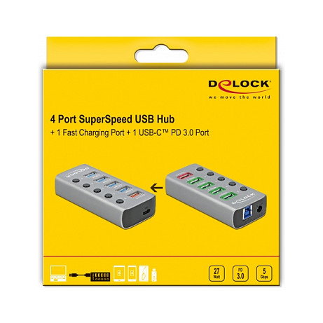 DeLOCK Hub USB 3.2 Gen 1 con 4 Puertos USB-A, Carga Rápida y USB-C PD 3.0 Gris DeLOCK Hub USB 3.2 Gen 1 con 4 Puertos USB-A, Carga Rápida y USB-C PD 3.0 Gris
