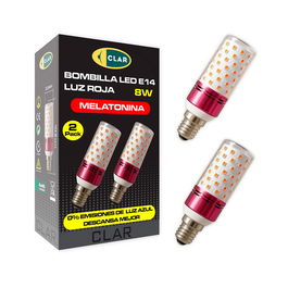 Clar Iluminación Bombilla Tubular LED Roja Melatonina, E14 8W 150 lm, Vida 25000 h, Ángulo 280°, Clase F, Pack de 2 uds