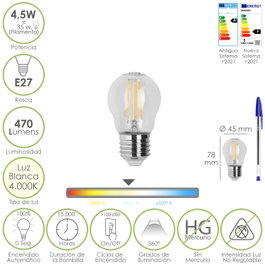 MAURER Bombilla LED Filamento Esfera E27 4,5W Luz Neutra