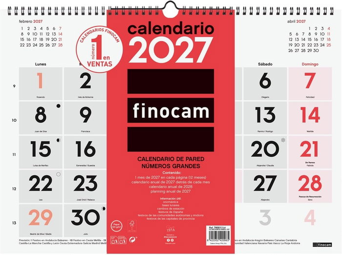 FINOCAM Calendario de Pared Mensual 2027 con Números Grandes 430x310 mm