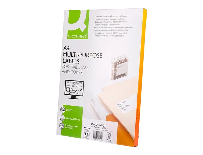 Q-connect Etiqueta Adhesiva KF10652 96.5x42.3 mm para Fotocopiadora Laser Ink-jet, Caja 100 Hojas DIN A4