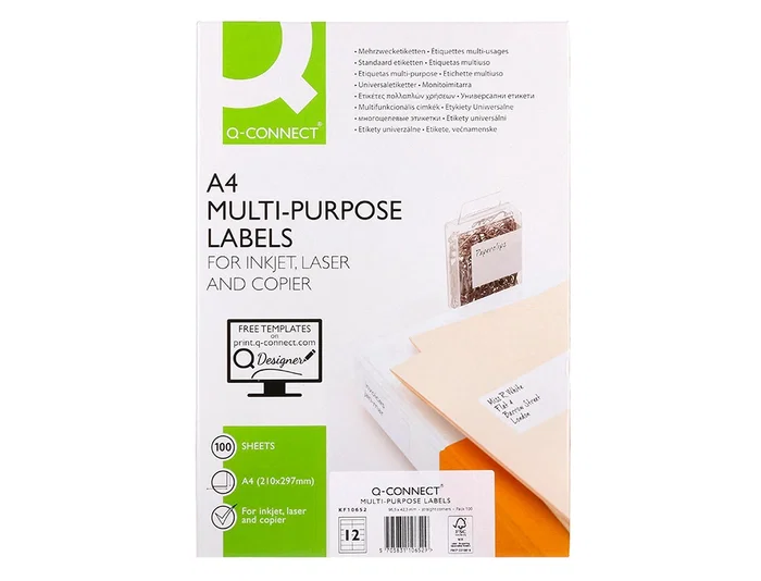 Q-connect Etiqueta Adhesiva KF10652 96.5x42.3 mm para Fotocopiadora Laser Ink-jet, Caja 100 Hojas DIN A4
