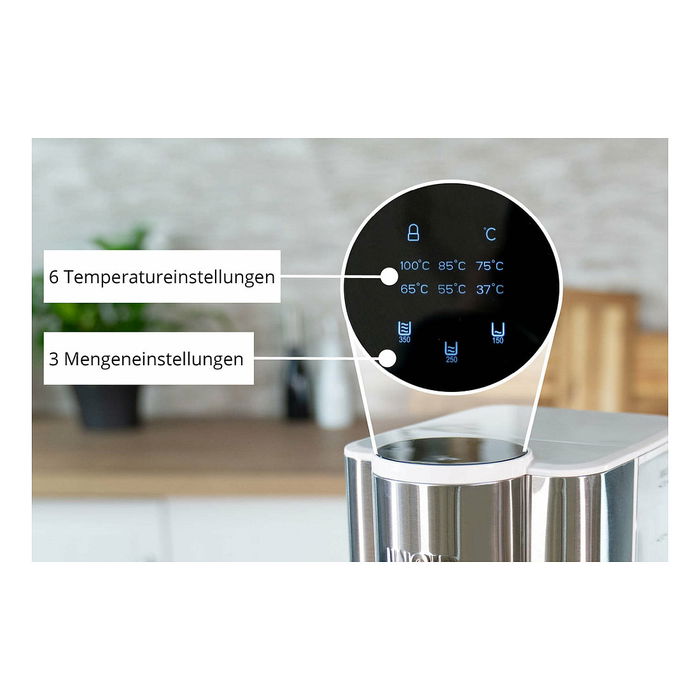 UNOLD Ava Express 18610 - Hervidor de Agua Eléctrico, 2.5 Litros, 2600 W, Acero Inoxidable y Plástico, 6 Ajustes de Temperatura, Indicador de Nivel, Plata y Blanco