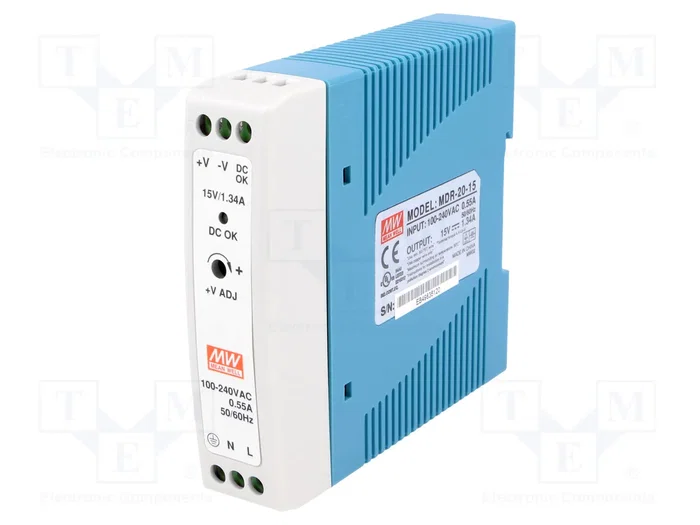 MEAN WELL MDR-20-15 Alimentador de 20W, 15VDC para carril DIN MEAN WELL MDR-20-15 Alimentador de 20W, 15VDC para carril DIN