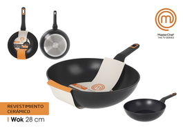Masterchef Sartén Wok de Aluminio Forjado 28 cm, 3 mm de grosor, 2 capas, Negro (6 Unidades)