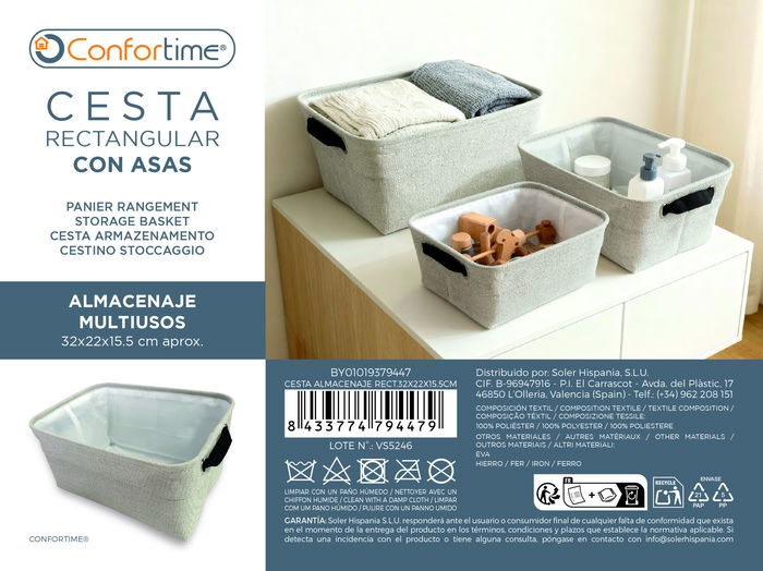 Inde Cesta de Almacenaje Rectangular, 32.5 cm de Largo x 23.2 cm de Ancho x 5.3 cm de Alto, Confortime (12 Unidades)