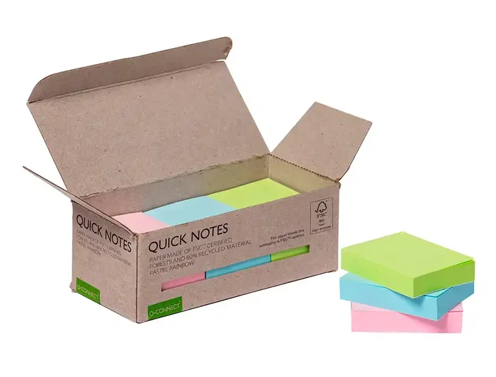 Q-connect Bloc de notas adhesivas quita y pon 38x51 mm 100% papel reciclado colores pasteles en caja de carton Ecológico