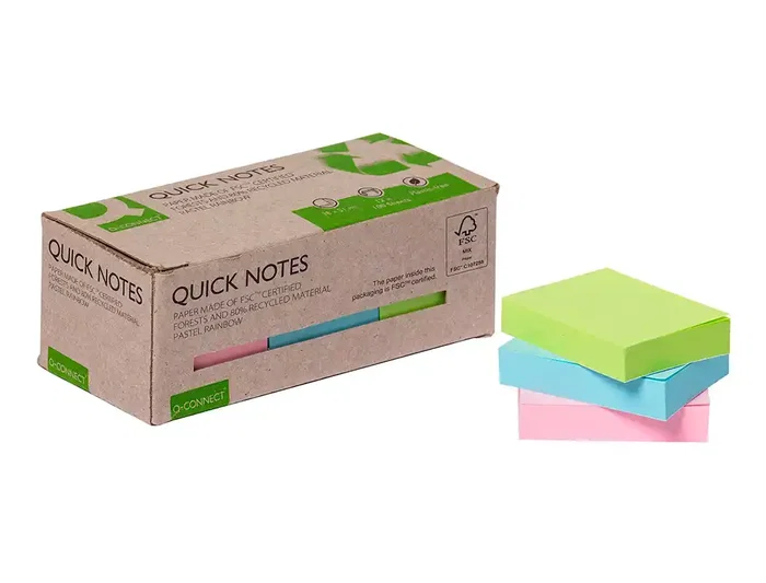 Q-connect Bloc de notas adhesivas quita y pon 38x51 mm 100% papel reciclado colores pasteles en caja de carton Ecológico