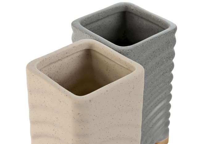 DKD Home Decor Portacepillos de Dolomita y Bambú, Pack de 2