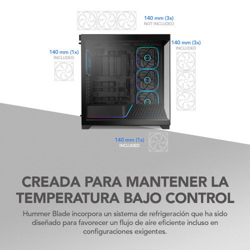 NOX Hummer BLADE Semitorre ATX ARGB Ultra Airflow Negro Ventana Lateral Vidrio Templado 3 Ventiladores 140mm