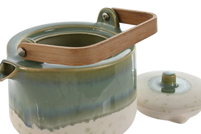DKD Home Decor Jade 24 Tetera Porcelana y Bambú Verde Blanco 1L 14 x 18.5 x 16.5 cm