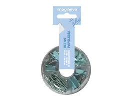 Imaginovo Set de Papelería y Oficina con 30 Clips 28 mm, 6 Pinzas 19 mm y 20 Chinchetas Azul - Organización de Documentos