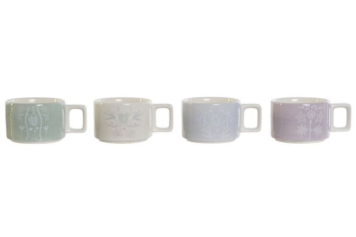 DKD Home Decor Set de 4 Tazas 260 ml Lineas 2023 Scandi Verde Azul Celeste Dolomita 11 x 27 x 11 cm