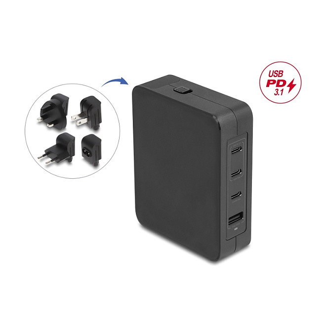 DeLOCK Cargador GaN 145 W con 3x USB Tipo-C y 1x USB Tipo-A, Negro DeLOCK Cargador GaN 145 W con 3x USB Tipo-C y 1x USB Tipo-A, Negro
