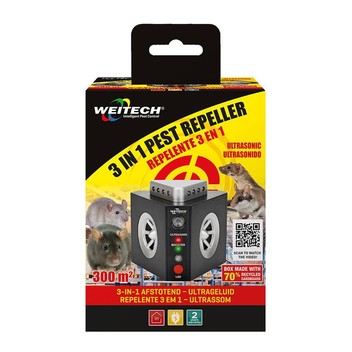 Weitech Repelente 3 en 1 para Roedores Ultrasónico 360°, 2 Altavoces, Sistema Flash con LEDs, Cobertura 300 m², 11x9.5x9.5 cm, 220-240V