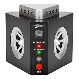 Weitech Repelente 3 en 1 para Roedores Ultrasónico 360°, 2 Altavoces, Sistema Flash con LEDs, Cobertura 300 m², 11x9.5x9.5 cm, 220-240V