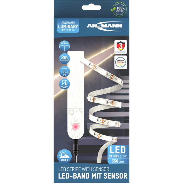 Ansmann Tira LED con Sensor, 2m, 60 LEDs, Blanco Cálido
