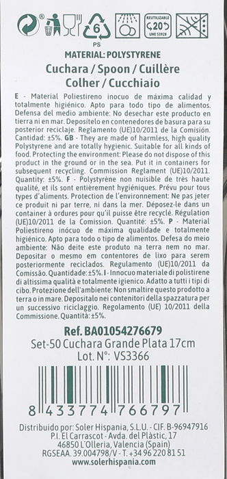 Algon Set 50 Cucharas Grandes de Plata 17 cm (18 Unidades)