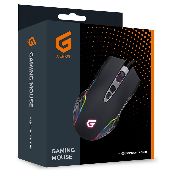 Conceptronic DJEBBEL03B Gaming USB Maus Óptico 7200 DPI para Juegos, 7 Botones Programables, Iluminación RGB, Ergonómico Mano Derecha, Negro