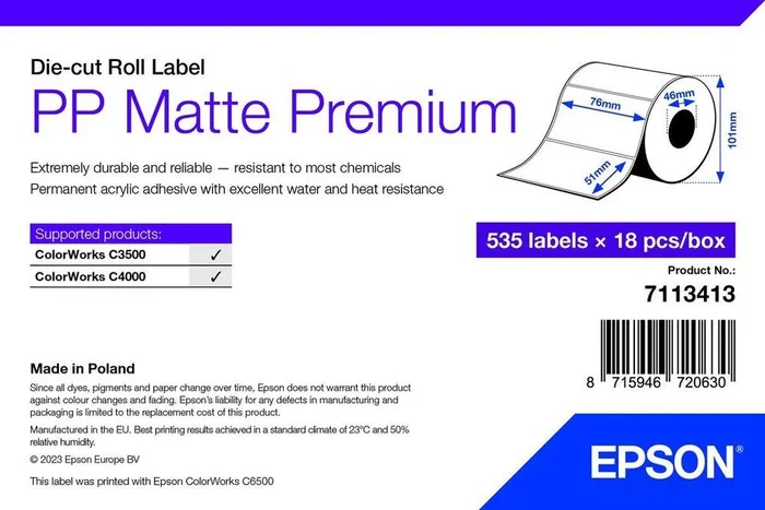 Epson 7113413 - Rollo de Etiquetas Autoadhesivas Permanentes Blanco Mate 76x51mm (535 etiquetas/rollo, pack de 18 rollos total)