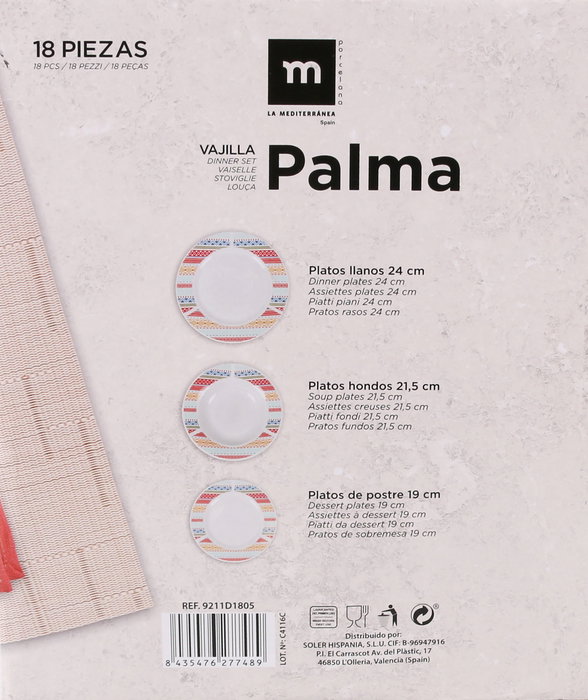 La Mediterranea Vajilla Redonda 18 Piezas "Palma" Md (2 Unidades)