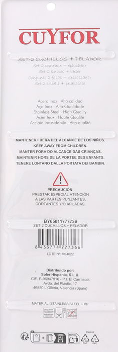 Cuyfor Set-2 Cuchillos + Pelador con dimensiones 37 cm de largo x 12,9 cm de ancho x 2,6 cm de alto (12 Unidades)