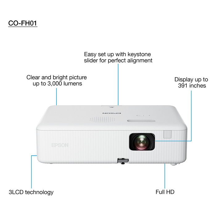 Epson Proyector CO-FH01 Full HD 1080p (1920x1080) 3000 Lúmenes 3LCD 16:9 HDMI USB Altavoces Blanco para Cine en Casa Epson Proyector CO-FH01 Full HD 1080p (1920x1080) 3000 Lúmenes 3LCD 16:9 HDMI USB Altavoces Blanco para Cine en Casa