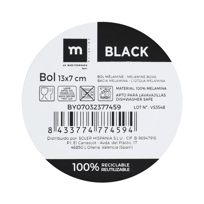 La Mediterranea Bol Melamina Mate Black 13 cm x 7 cm (24 Unidades) La Mediterranea Bol Melamina Mate Black 13 cm x 7 cm (24 Unidades)